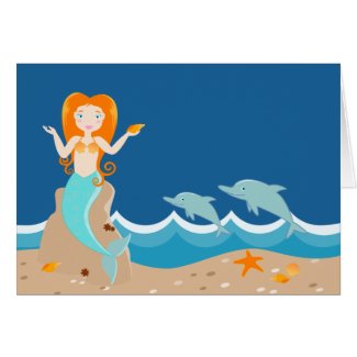 Mermaid and dolphins birthday party greeting card