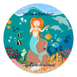 Mermaid and dolphins birthday party 5.25x5.25 square paper invitation card