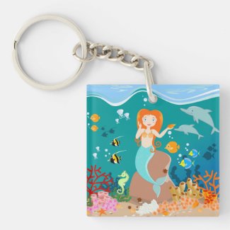 Mermaid and dolphins birthday party Double-Sided square acrylic keychain