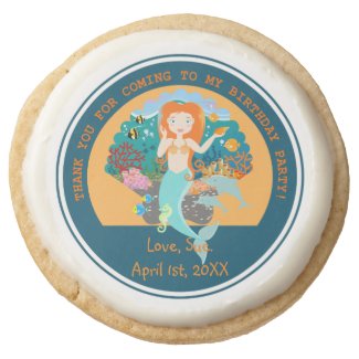 Mermaid and dolphins birthday party round premium shortbread cookie