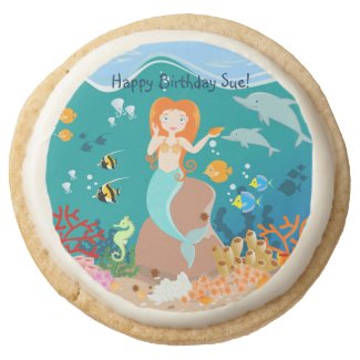 Mermaid and dolphins birthday party round premium shortbread cookie
