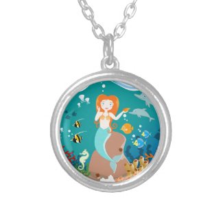 Mermaid and dolphins birthday party round pendant necklace