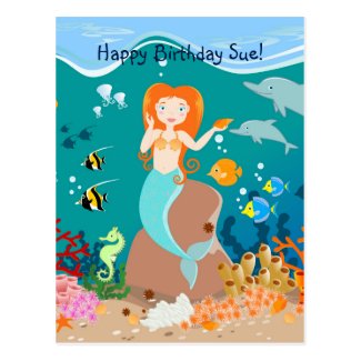 Mermaid and dolphins birthday party postcard