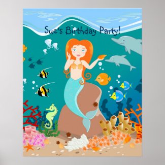 Mermaid and dolphins birthday party poster