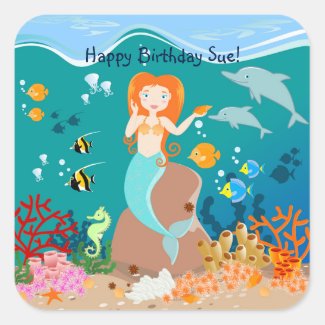 Mermaid and dolphins birthday party square sticker