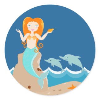 Mermaid and dolphins birthday party classic round sticker