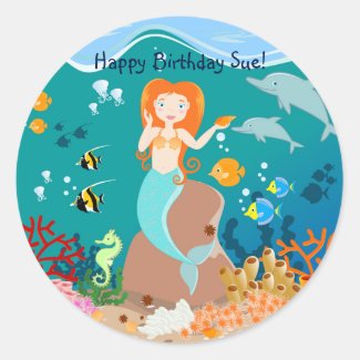 Mermaid and dolphins birthday party classic round sticker