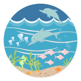 Mermaid and dolphins birthday party classic round sticker