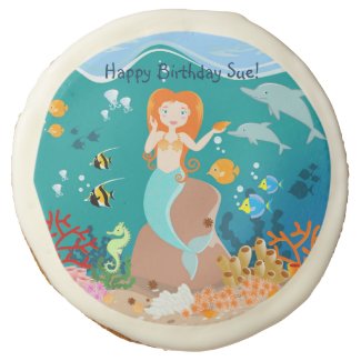 Mermaid and dolphins birthday party sugar cookie
