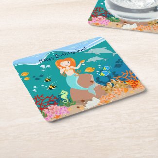 Mermaid and dolphins birthday party square paper coaster