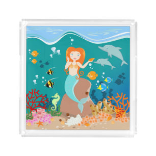 Mermaid and dolphins under the sea birthday party acrylic tray