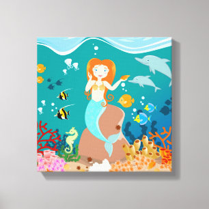 Mermaid  and dolphins under the sea birthday party canvas print