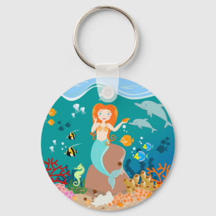 Mermaid and dolphins under the sea birthday party keychain