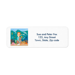 Mermaid and dolphins under the sea birthday party label
