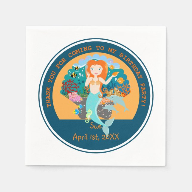 Mermaid  and dolphins under the sea birthday party napkins (Front)