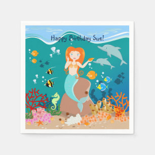 Mermaid and dolphins under the sea birthday party napkins