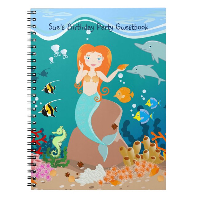 Mermaid  and dolphins under the sea birthday party notebook (Front)