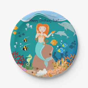Mermaid  and dolphins under the sea birthday party paper plates