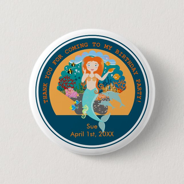Mermaid  and dolphins under the sea birthday party pinback button (Front)