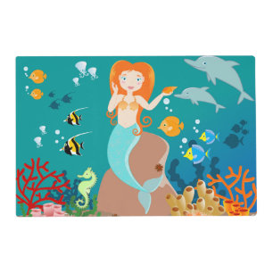 Mermaid and dolphins under the sea birthday party placemat
