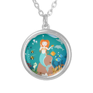 Mermaid and dolphins under the sea birthday party silver plated necklace