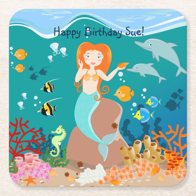 Mermaid  and dolphins under the sea birthday party square paper coaster (Front)
