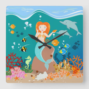Mermaid  and dolphins under the sea birthday party square wall clock