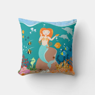 Mermaid  and dolphins under the sea birthday party throw pillow