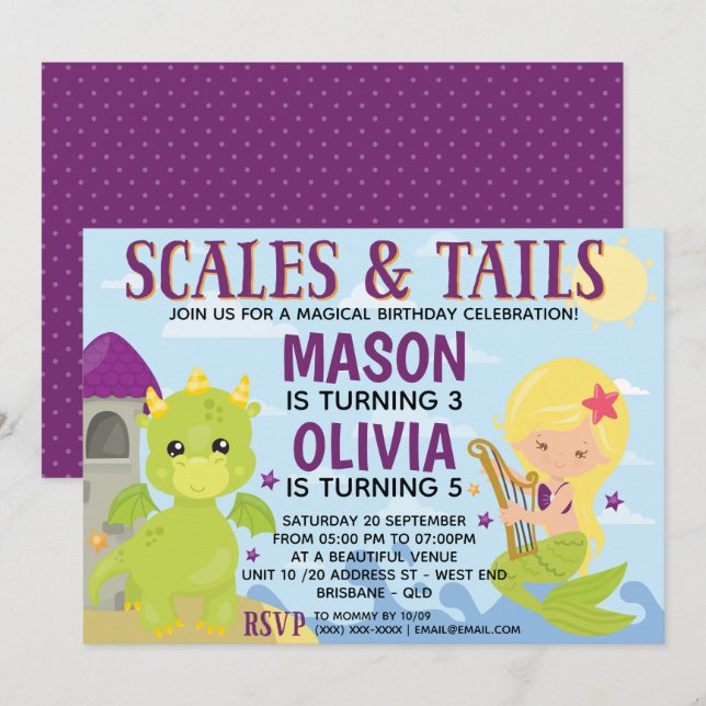Mermaid and Dragon Birthday Invitation (Front/Back)