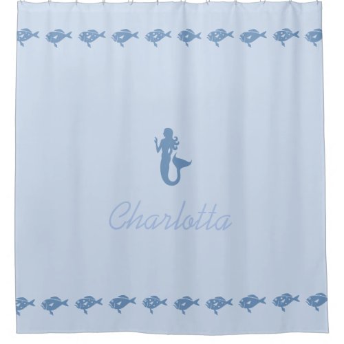 Mermaid and Fish Blue Maritime Symbols with Name Shower Curtain