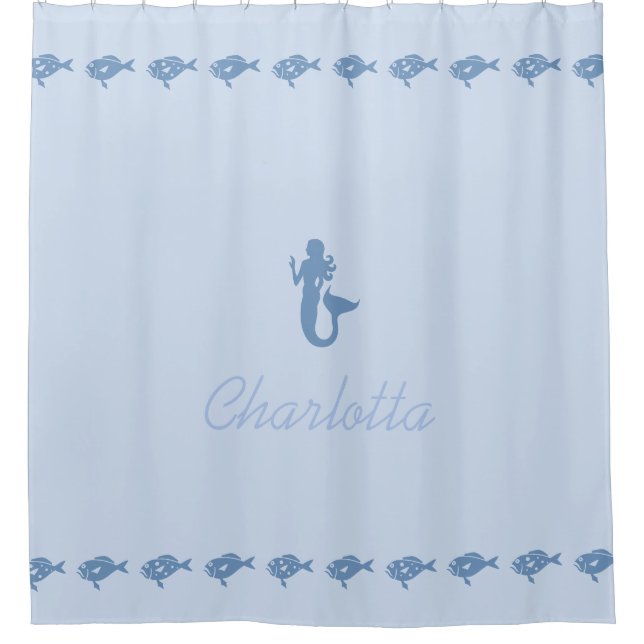 Mermaid and Fish Blue Maritime Symbols with Name Shower Curtain (Front)