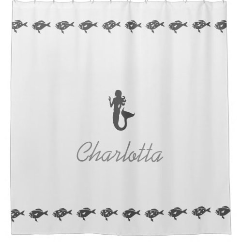 Mermaid and Fish Gray Maritime Symbols with Name Shower Curtain