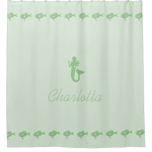 Mermaid and Fish Green Maritime Symbols with Name Shower Curtain