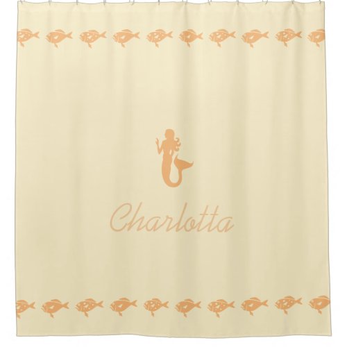 Mermaid and Fish Peach Maritime Symbols with Name Shower Curtain
