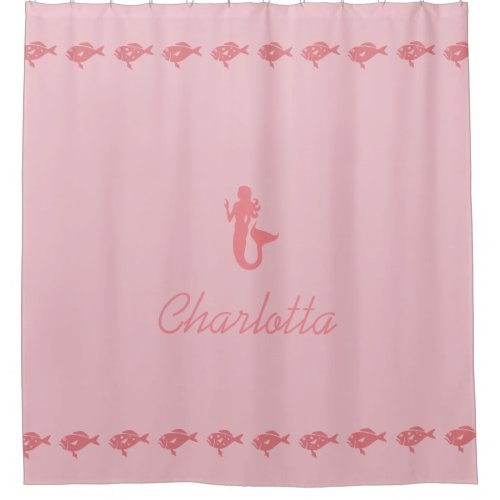 Mermaid and Fish Pink Maritime Symbols with Name Shower Curtain