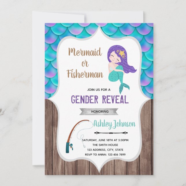Mermaid and fisherman gender reveal Invitation (Front)