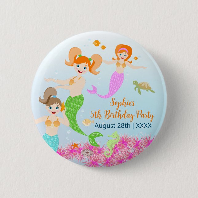 Mermaid and friends girly Birthday Party Button (Front)