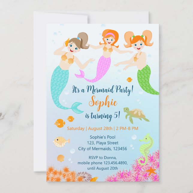 Mermaid and friends girly Birthday Party Invitation (Front)
