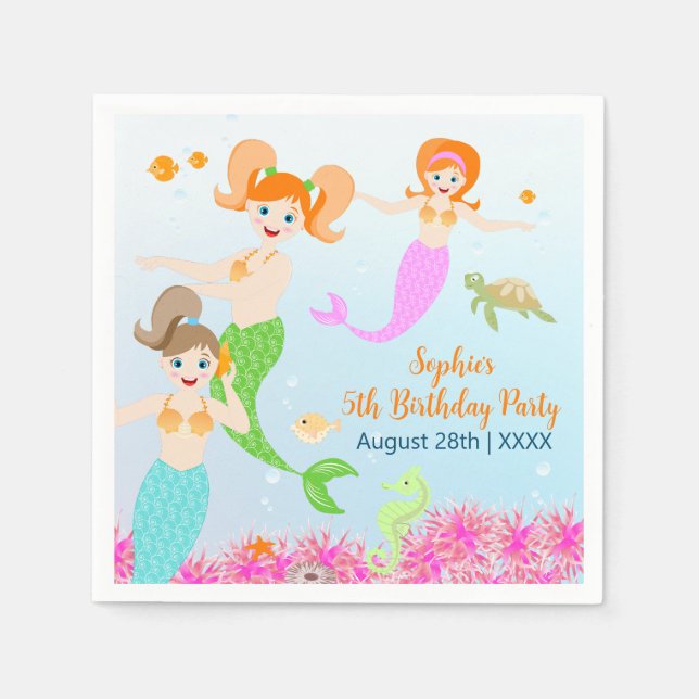 Mermaid and friends girly Birthday Party Napkins (Front)