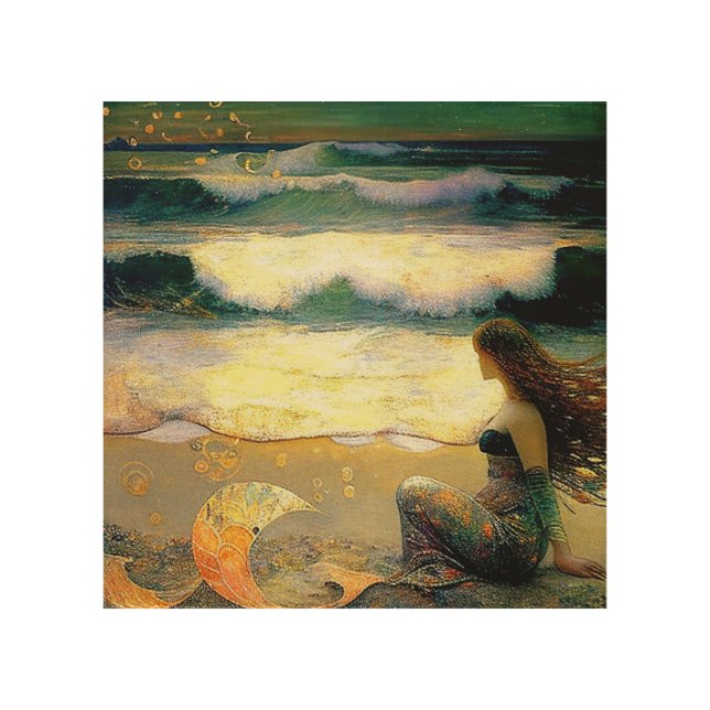 Mermaid and Golden Sea Sprites Wood Wall Art (Front)