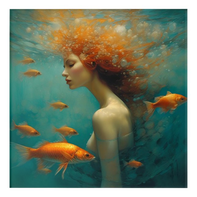Mermaid and Goldfish Acrylic Print (Front)