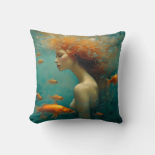 Mermaid and Goldfish Throw Pillow