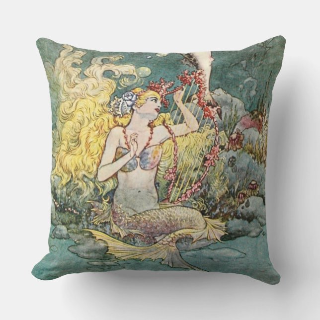 “Mermaid and Harp” by Charles Folkard Outdoor Pillow (Front)