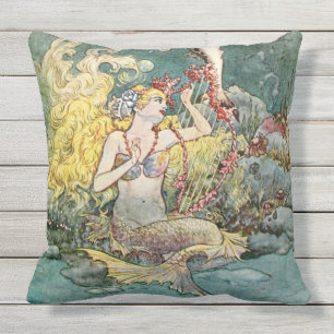 “Mermaid and Harp” by Charles Folkard Outdoor Pillow
