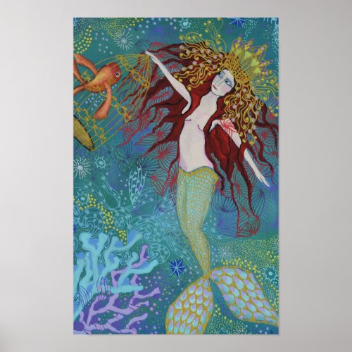 Mermaid and her pet Faux Wrapped Canvas Print