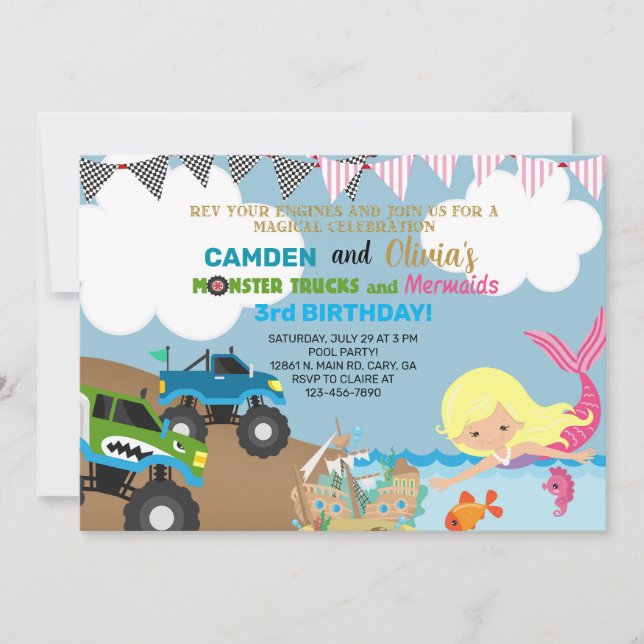 Mermaid and monster trucks siblings invitation. invitation (Front)