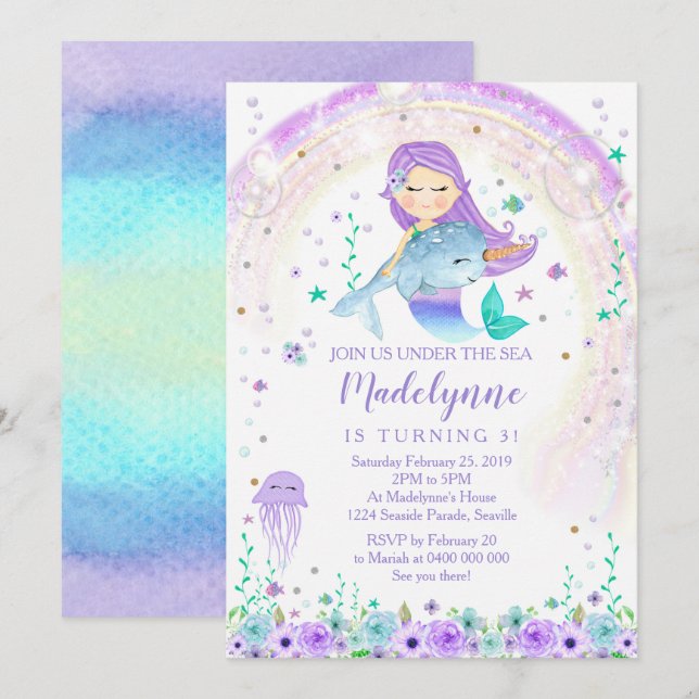 Mermaid and Narwhal Birthday Invitation (Front/Back)