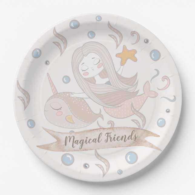 Mermaid and Narwhal Custom Party Paper Plates (Front)