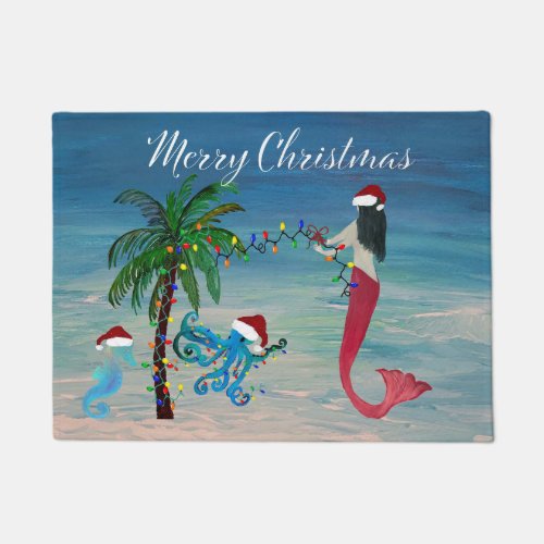 Mermaid and octopus coastal beach Christmas rug