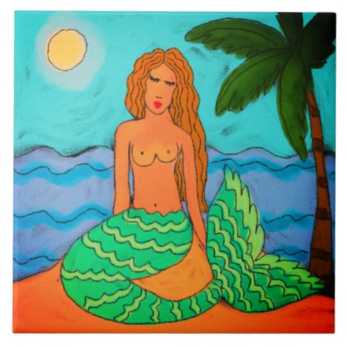 Mermaid and Palm Tree Abstract Art  Ceramic Tile